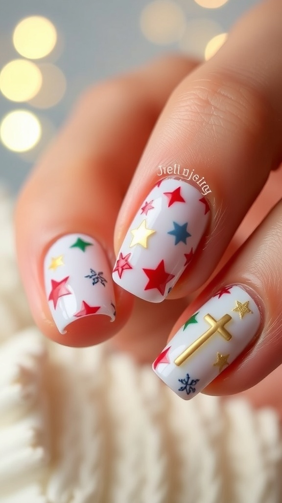 Short Christmas nails with religious designs, including stars and crosses, on a festive background.